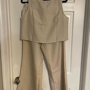 Beige Wide-Leg two piece set with Sleeveless Design, button up back and pockets